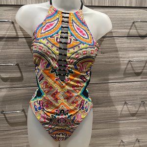 Trina Turk Boho High-Neck Halter One-Piece Swimsuit Strappy Geometric Beaded